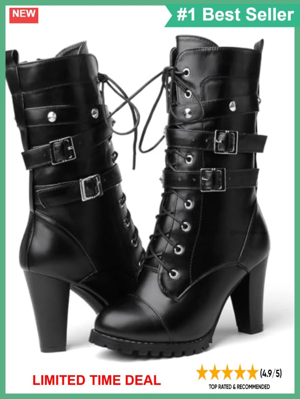 Women's Platform Mid Calf Lace Up High Heel Boots Round Toe PU Leather